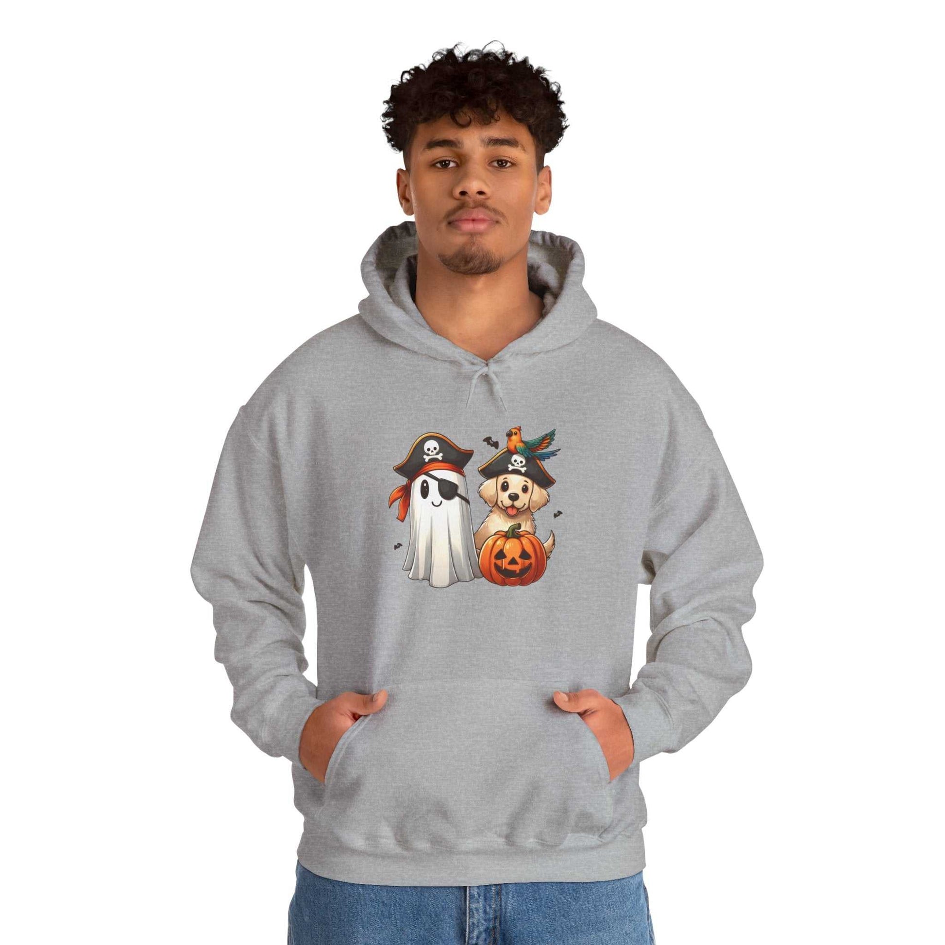 Person wearing a gray hoodie with Halloween-themed design on a white background