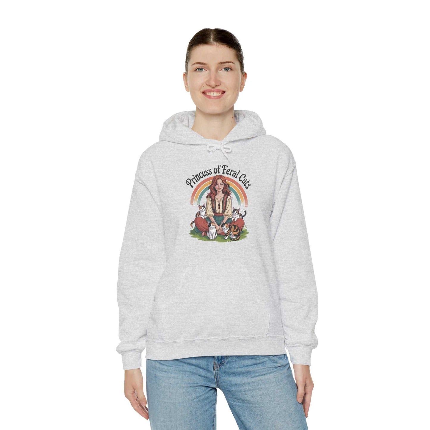 Person wearing a white hoodie with a graphic design on a white background