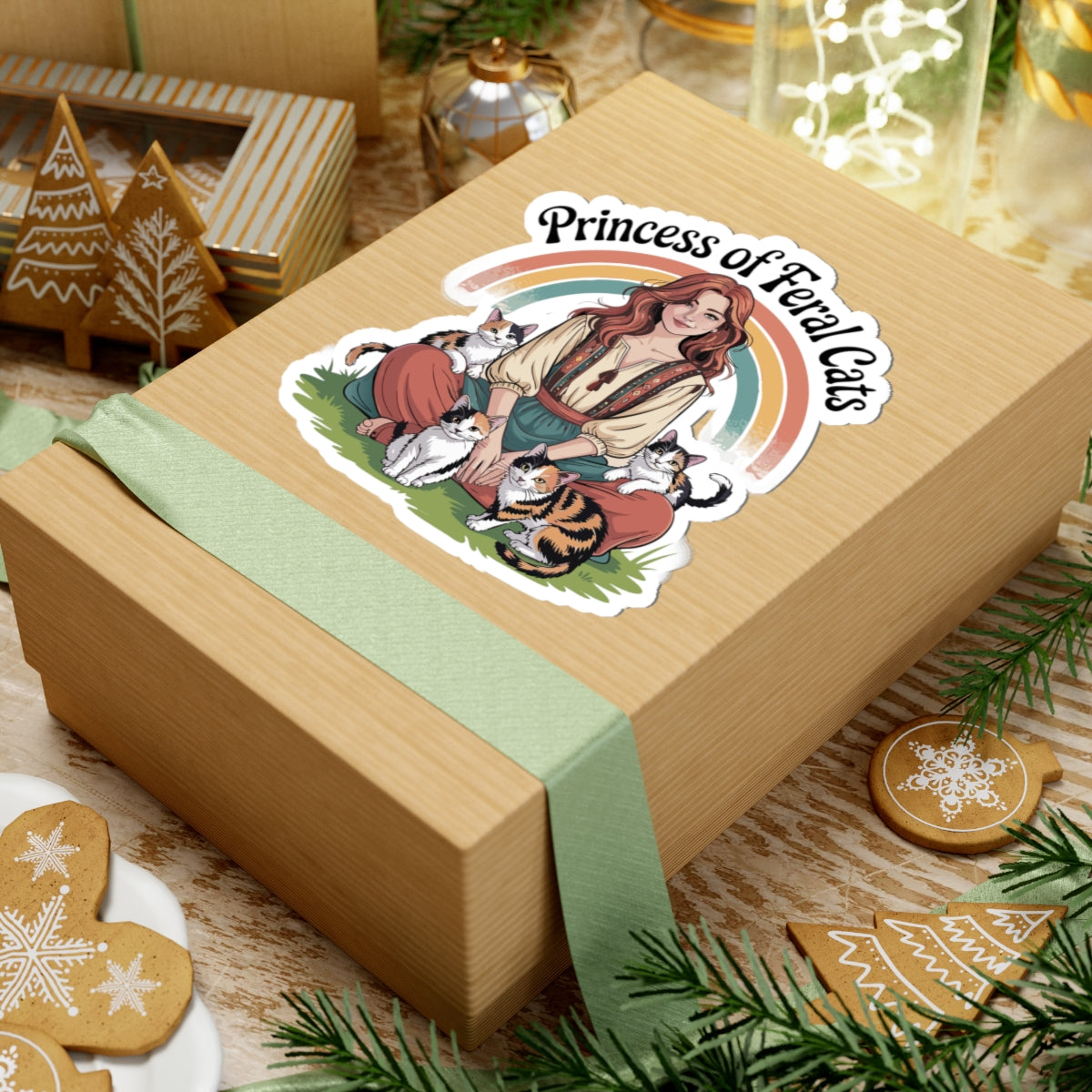 Wooden box with a sticker of a woman surrounded by cats and 'Princess of Feral Cats' text, on a festive background with cookies and lights.