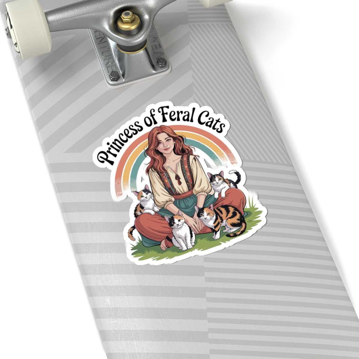 Sticker of a woman with cats on a skateboard deck