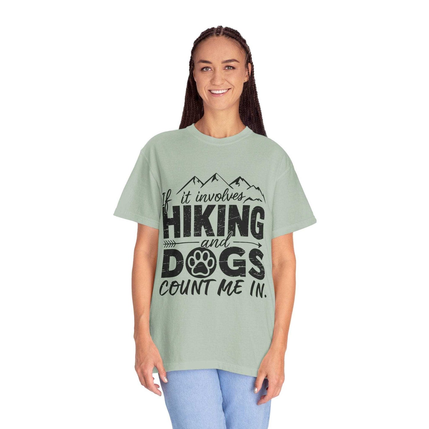 Woman wearing a light green t-shirt with text design on a white background