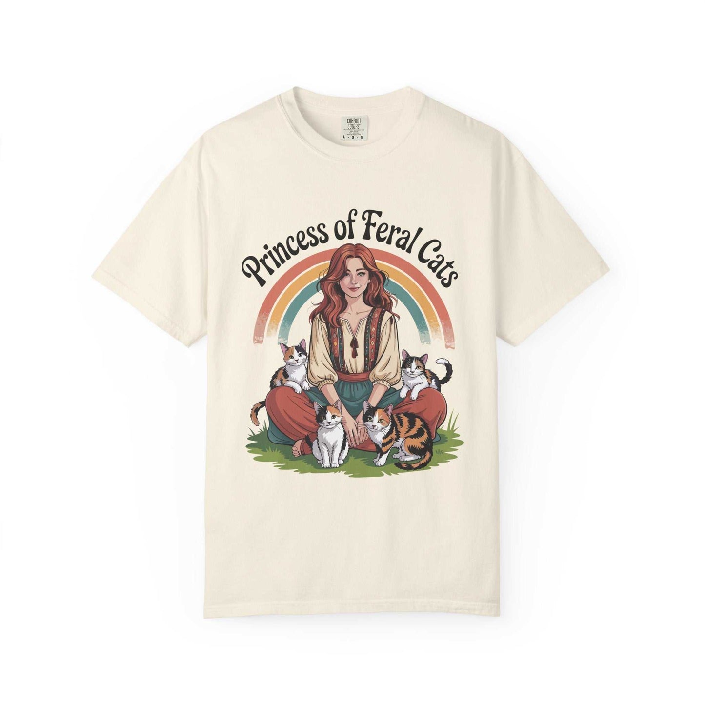 T-shirt with 'Princess of Feral Cats' graphic design on a white background