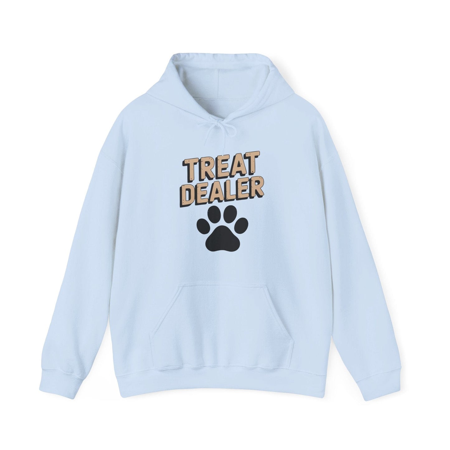 Light blue hoodie with 'Treat Dealer' and paw print design on a white background