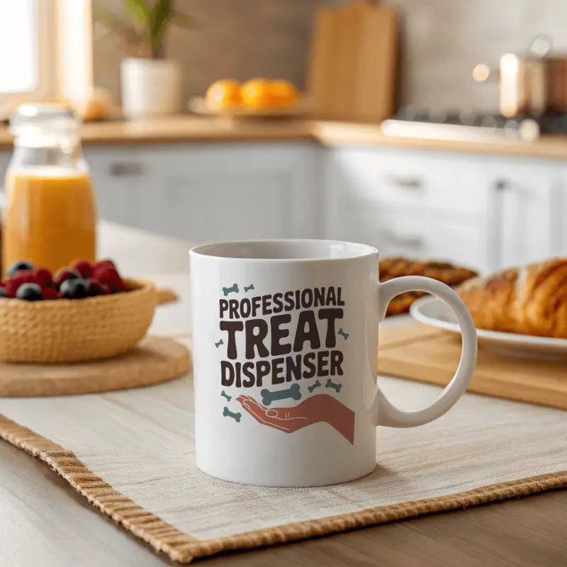 White mug with 'Professional Treat Dispenser' text in a kitchen setting