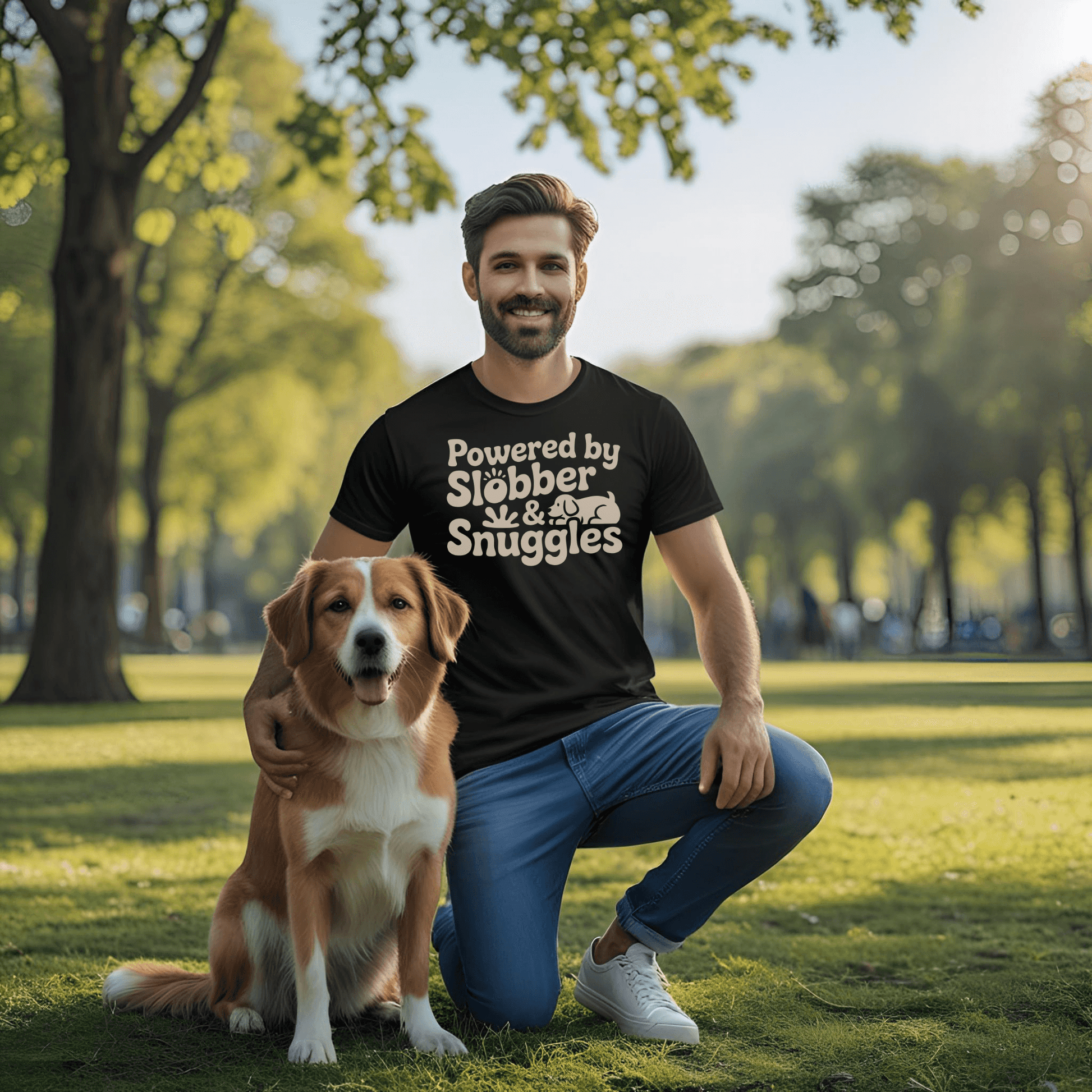 Man wearing black "Powered by Slobber & Snuggles" T-shirt with golden retriever in park | Funny dog owner apparel