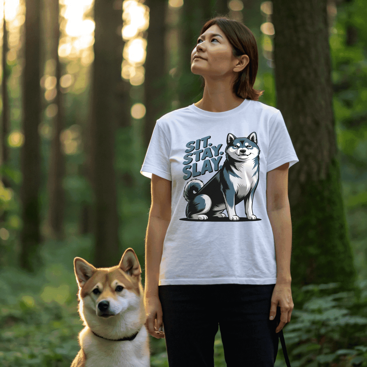 Woman wearing a t-shirt with a dog graphic and text in a forest